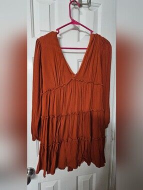 Forever 21 Rust Orange Tiered Long Sleeve Mini Dress